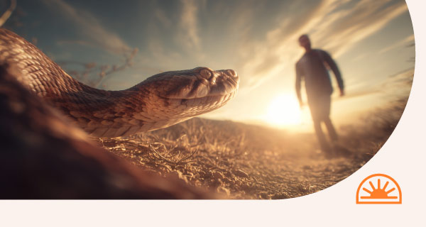 A snake coiling up to bite an approaching human.